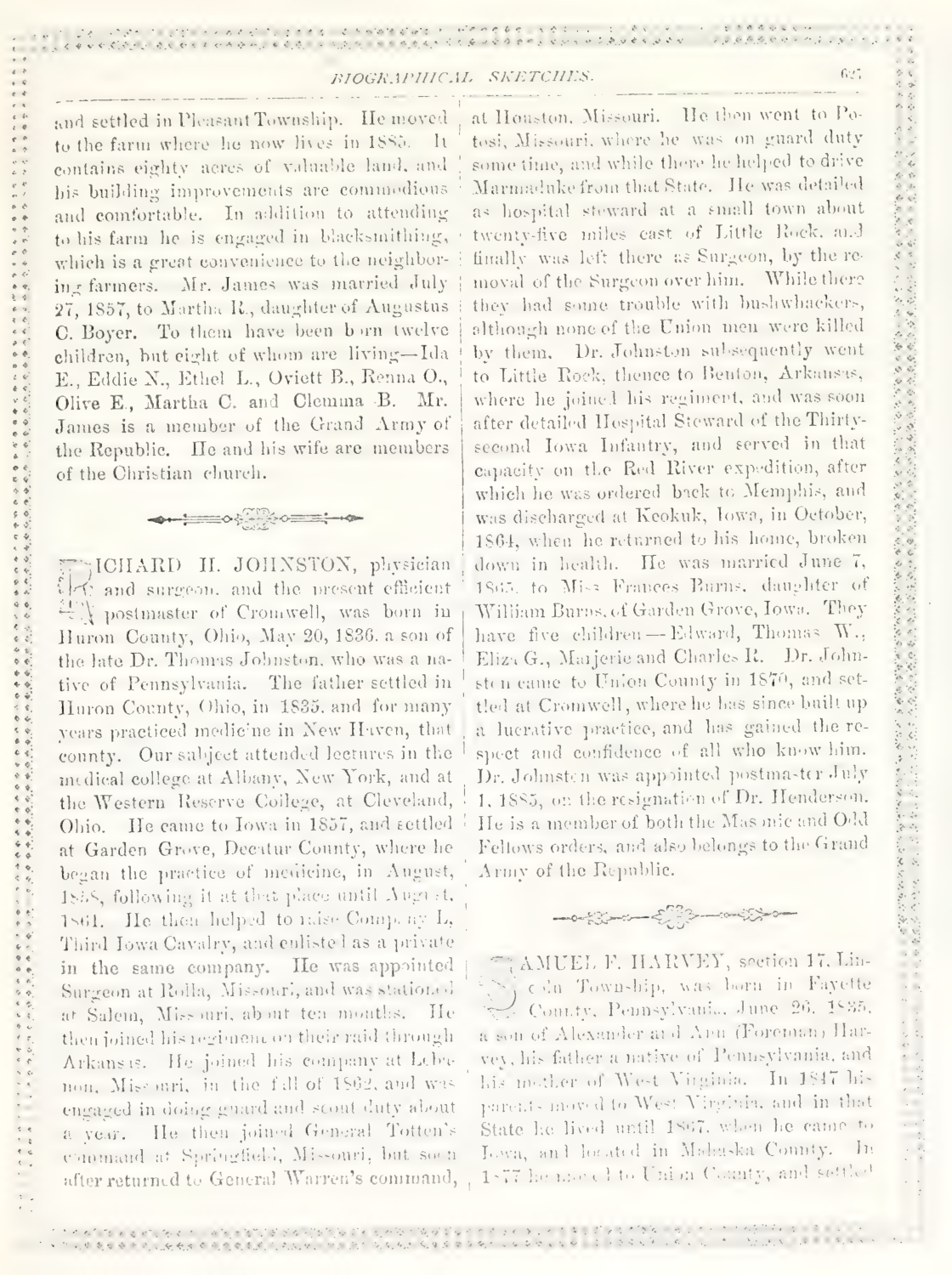 Printed page 627 of an 1887 county history. Richard H. Johnston’s biography begins in the lower-left column and continues at the upper right, giving his hospital assignment and Burns family account.